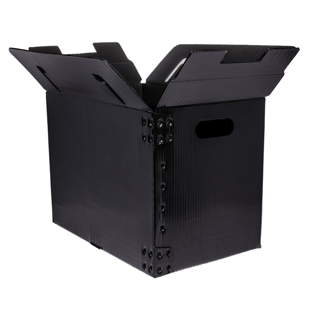 large black corrugated plastic storage totes with lid and handles