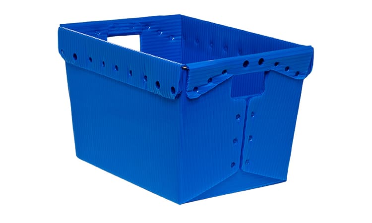 blue corrugated plastic tote with handles for warehouse
