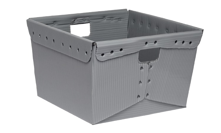 gray corrugated plastic warehouse box with handles
