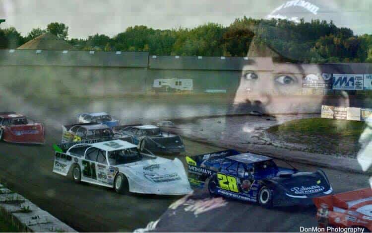 in memoriam photo of man overlaid onto racecar track