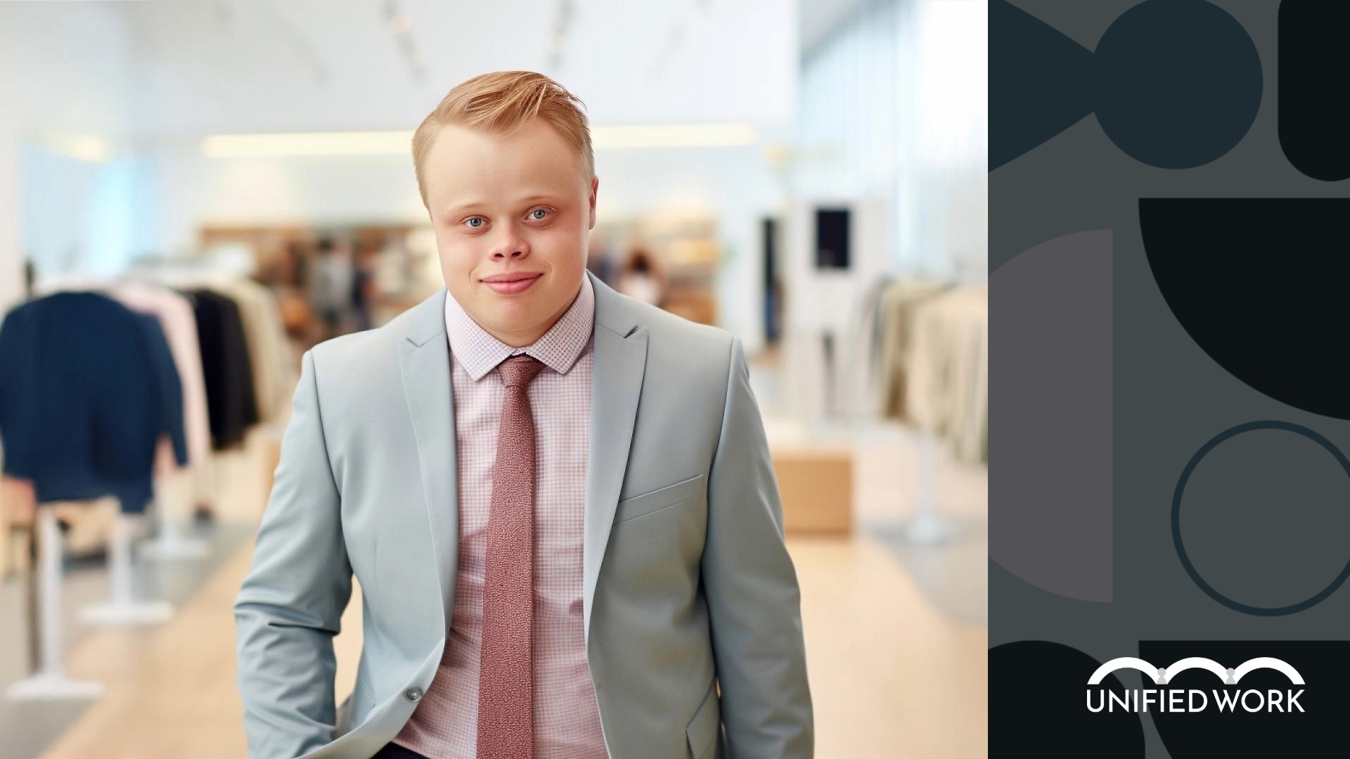 handsome young man with down-syndrome smiling at his retail job wearing a suit jacket, tie, and buttoned collar shirt for work - logo in the corner says 