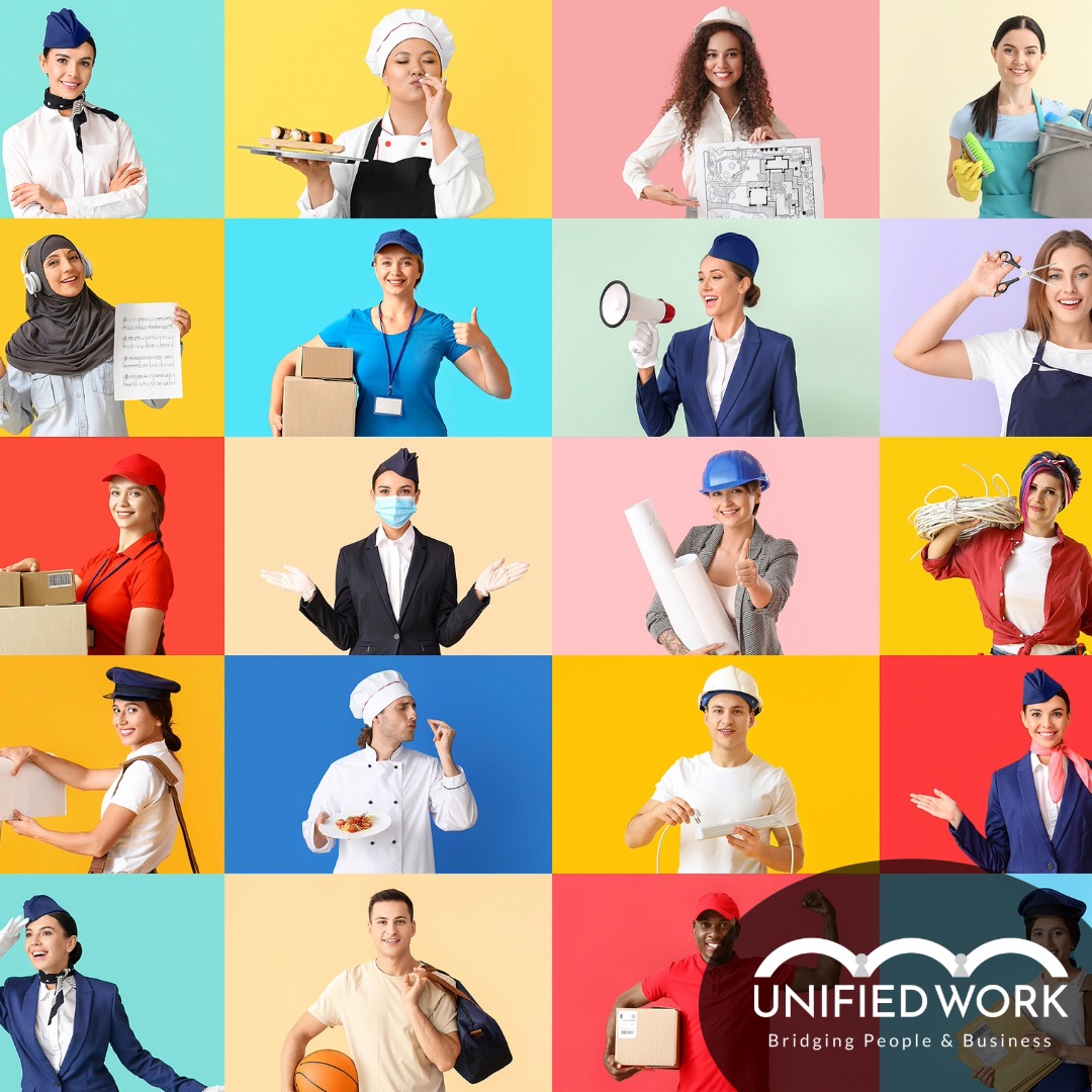 Collage of people in a variety of careers, Unified Work logo, Square