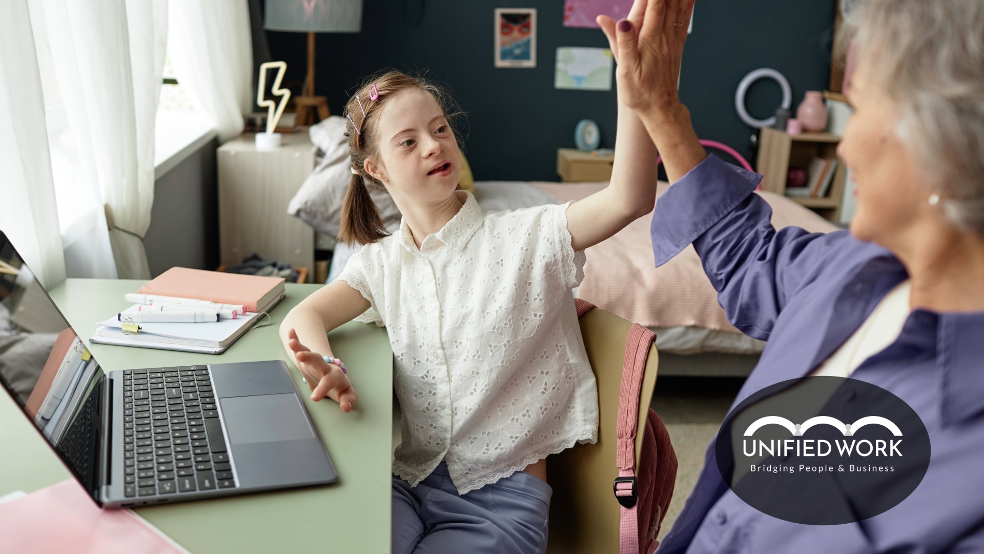 Young woman with special needs giving her mom a high five