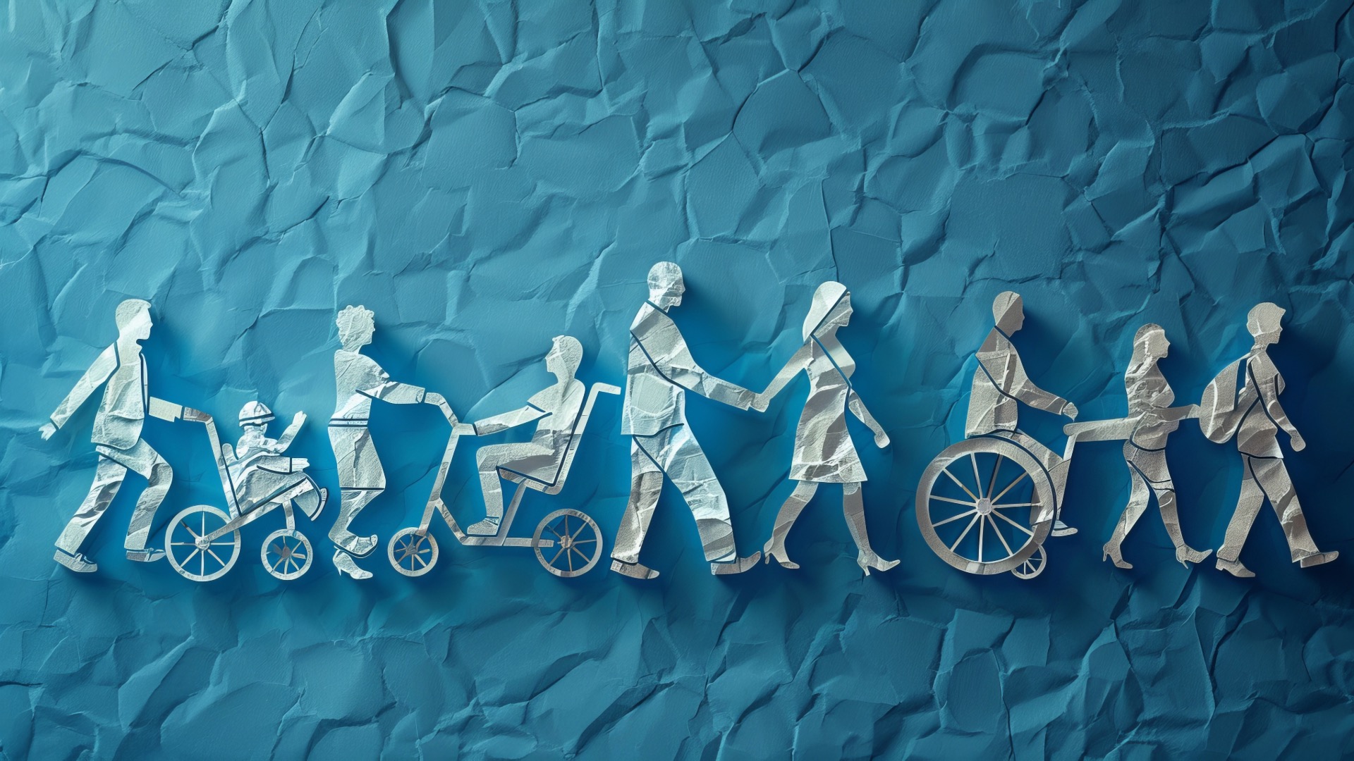 Crinkled paper cut outs of people from white paper, set over crinkled blue paper. All of the people are walking and moving, some on bikes, some walking on their legs, some using wheel chairs